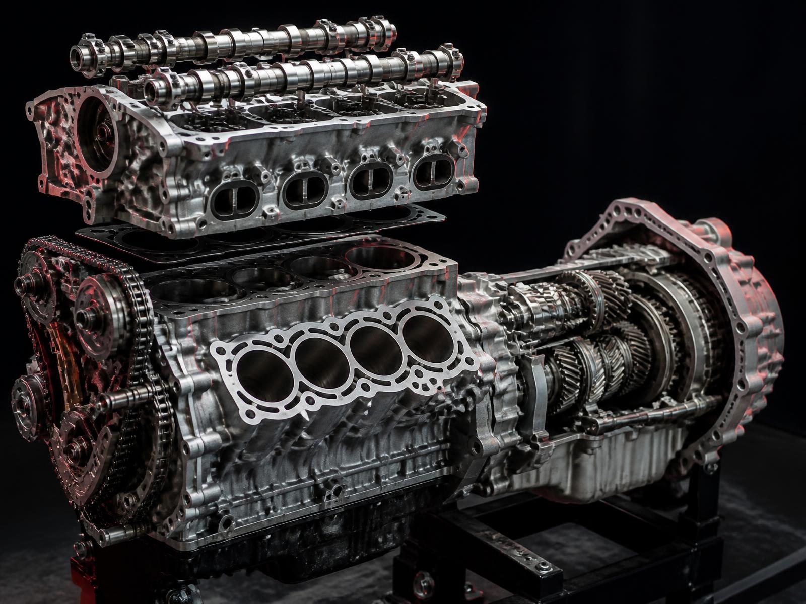 Disassembled engine block and transmission assembly on a workshop stand under bright task lighting