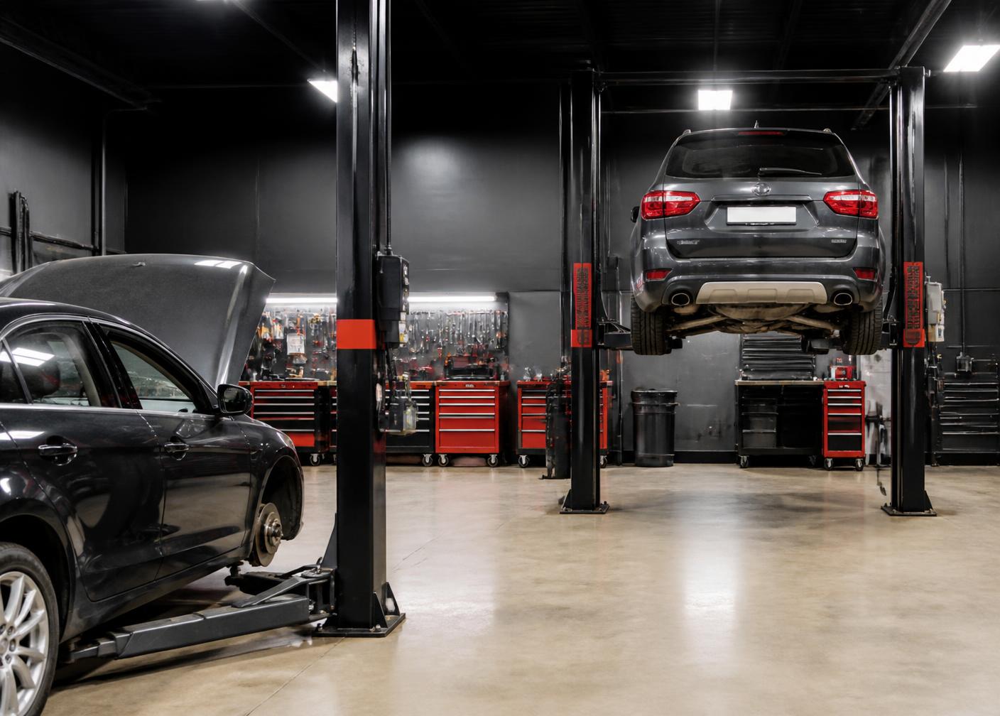 Two service bays inside the Auto Repair Zone workshop with vehicle lifts and tool chests